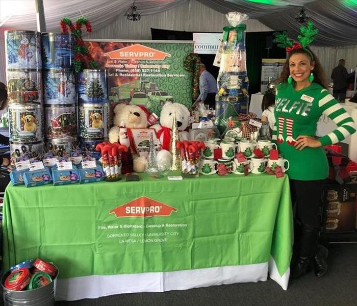 woman at a Trade Show With Booth Of Christmas Goodies