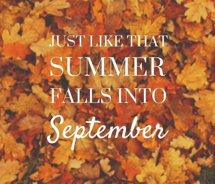 Background of fall leaves with quote "Just like that summer falls into September"